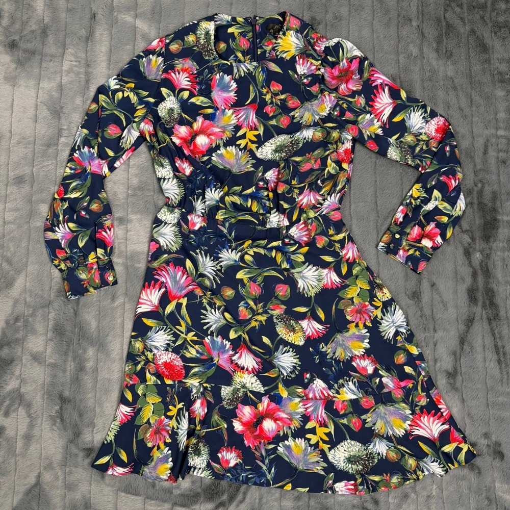 J.Crew Navy Blue Botanical Floral Long Sleeve Ruffle Hem Mini Dress Size 0